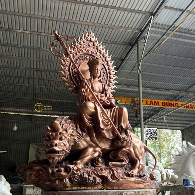 Tượng Địa Tang Bồ Tát cưỡi Đề Thính bằng đồng 120cm